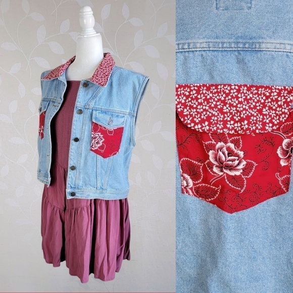 Vintage Gingham Paisley Floral Bandana Patch Pockets Denim Vest The Picket Fence - Picture 1 of 15